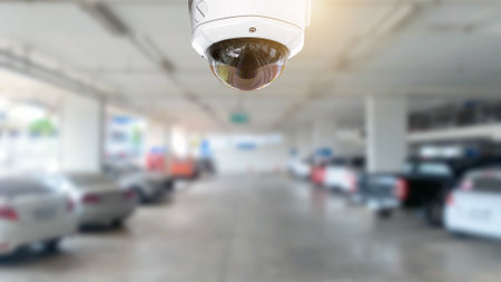 CCTV security panorama with car park blurry background.