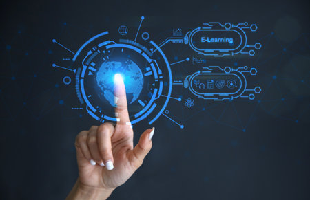 Finger touching icon on virtual interface. E-learning webinar online education training on internet for professional qualification and certification.の写真素材