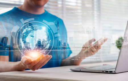 A Man Holding connected world. Internet communication with people social media conceptの写真素材