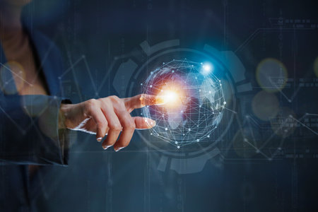 Finger touching connected world. Internet communication with people social media conceptの写真素材
