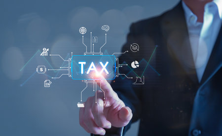 Touch screen hand scan Online personal income tax icon for tax payment. Government data analysis document.の写真素材
