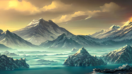 "The Peaks of Eternal Winter" A range of Snow-capped mountains that are to a race of snow elves. Generative AIの素材