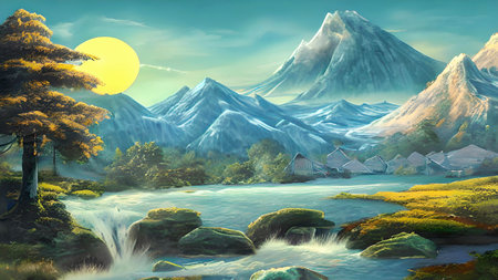 "The River of Dreams" A winding waterway that flows through a mystical forest. Generative AIの素材