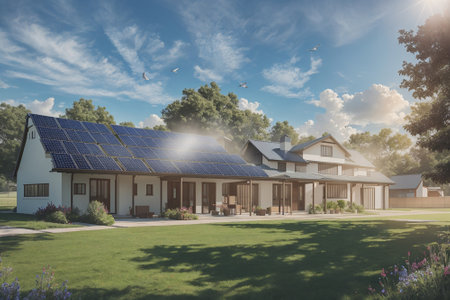 3D illustration of eco house building design and green power energy. System technology for generate electrical power. Generative Aiの素材