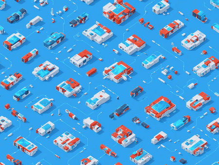 Graphic city building, real estate, house and cityscape architecture and nature environment in 3D isometric design on blue background. Generative AIの素材