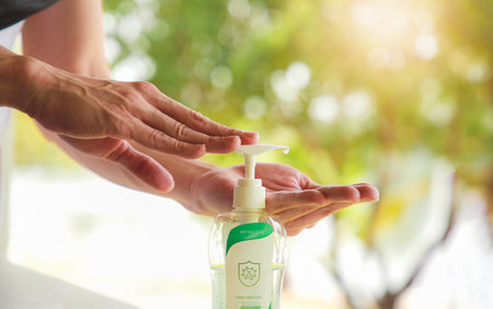 Washing hand with Alcohol Sanitizer, prevent the virus and bacterias, Hygiene conceptの写真素材