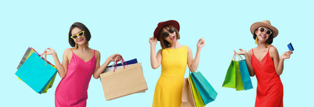 Half body photo of asian woman amazed  boutique shop isolated on blue color background.の写真素材