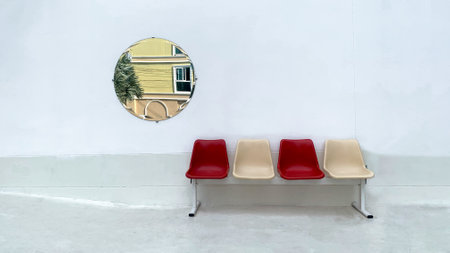 Picture of Patio with long bench on concrete floor deck in brick wall.の写真素材