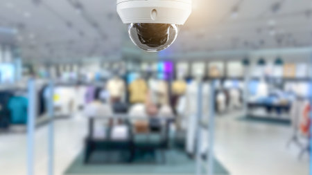 CCTV security panorama with shop store blurry background.の写真素材