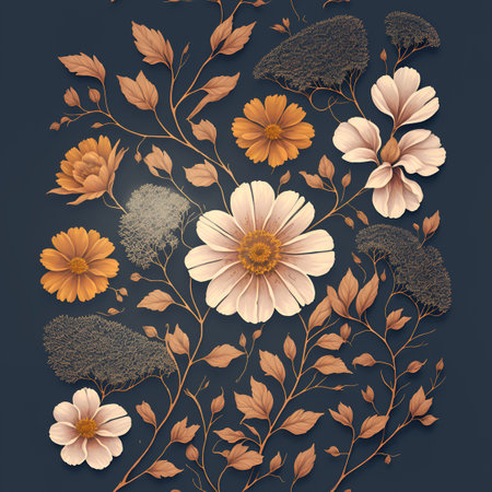 Presses Flowers daisy, Autumn floral vintage style, burgundy and delicate yellow colors, autumn decors for invitation or greeting cards. Generative Aiの素材