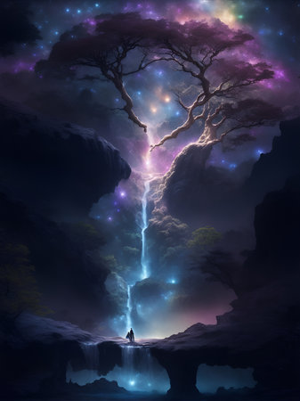 Alone tree and Milky Way arch at night. Vertical  with old tree with waterfall. Generative Aiの素材