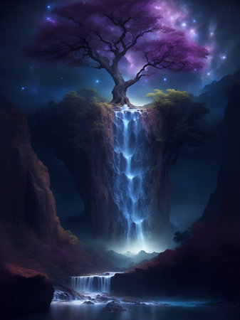 Alone tree and Milky Way arch at night. Vertical  with old tree with waterfall. Generative Aiの素材
