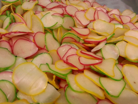 Pile of fresh organic juicy colorful fried prawn biscuit at vegetables marketの素材