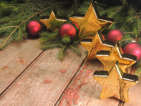 Christmas card - 3D stars and fir on vintage backgroundの写真素材