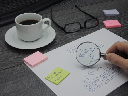 Assessing the risk with a decision flow chart and a magnifying glassの写真素材
