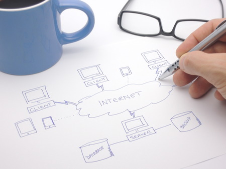 Internet data flow diagram for web server with databaseの写真素材