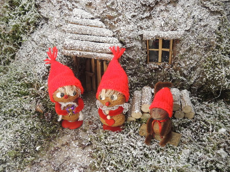 Gnomes in front of their cosy home in the forest. Can for instance be used as a christmas cardの写真素材