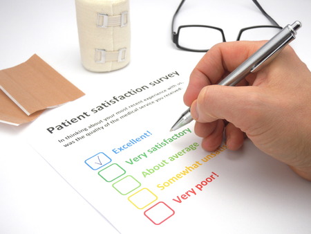Rating excellent! in a patient satisfaction survey to assess the level of medical serviceの写真素材