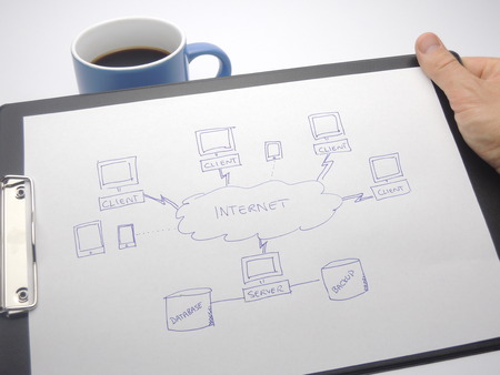 Internet data flow diagram for web server with databaseの写真素材