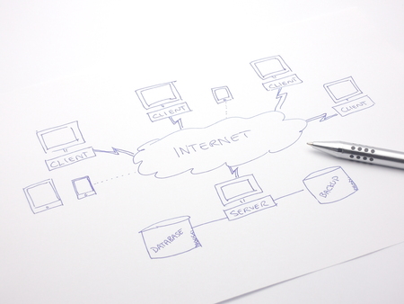 Internet data flow diagram for web server with databaseの写真素材