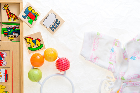 generic wooden toys with no copy rights, representing objects and animals decorations, suitable for infants to playの写真素材
