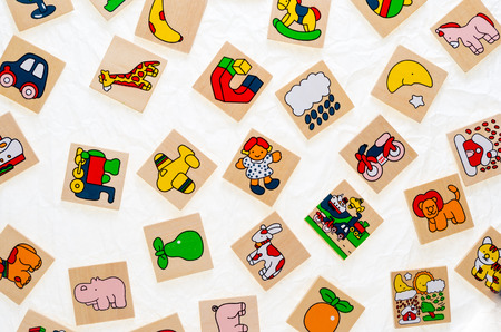 Generic wooden toys with no copy rights, representing objects and animalsの写真素材