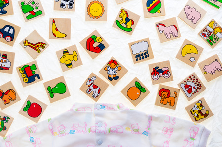 generic wooden toys with no copy rights, representing objects and animals decorations, suitable for infants to playの写真素材