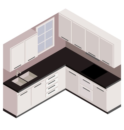 Isometric white kitchen, vector in 3D viewのイラスト素材