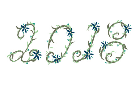 Year 2018 in hand drawn flowers vector illustration.のイラスト素材