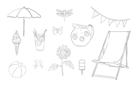 Hand drawn lineart summer vacation set, vectorのイラスト素材