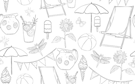 Seamless pattern lineart summer vacation, vectorのイラスト素材