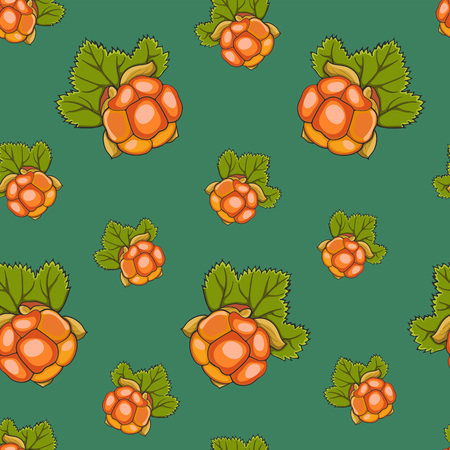 Seamless pattern hand drawn cloudberry and leaves on a green background, vector illustration.のイラスト素材