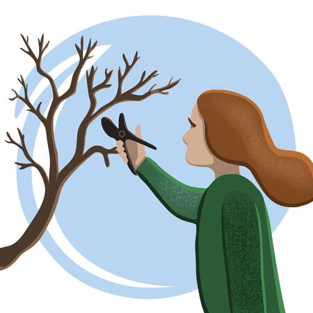 Woman gardening pruning tree, vectorのイラスト素材