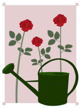 Watering can and roses in gardenのイラスト素材