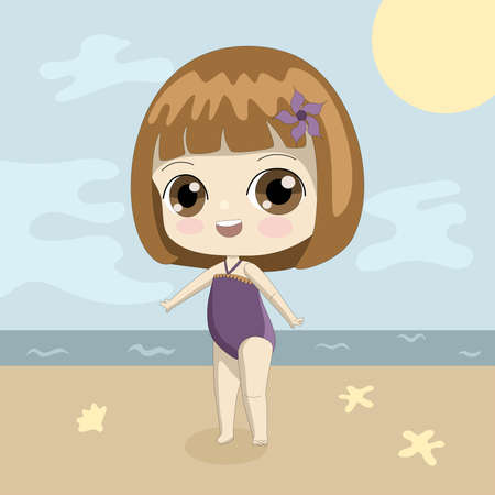 Chibi manga cartoon girl at the beachのイラスト素材