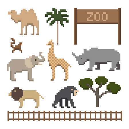 Set of pixel art zoo animalsのイラスト素材
