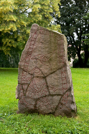 Runestone in Uppsala near Uppsala Cathedral. Its name is U937, and the writing says egn and Gunnarr raised the stones in memory of Ver, their brother.の写真素材