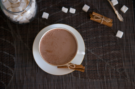 An elegant white cup of cocoa with some cinnamon sticks and sugar cubes around it. There is a teaspoon next to the cup.の写真素材