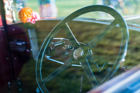 vintage car detail - dashboard steering wheelの写真素材