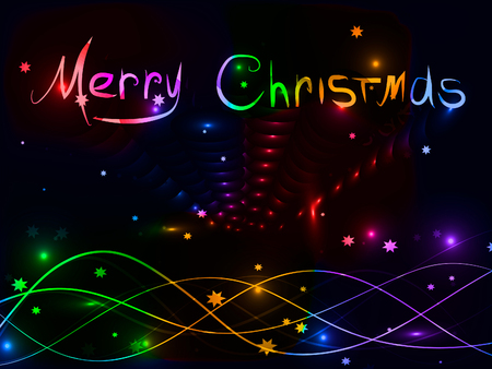 Christmas greeting card, holiday disco banner with colorful caption, abstract wavy lines and stars. Vector illustrationのイラスト素材