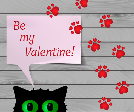 Funny greeting card for Valentine's Day, vector banner with black cat and red paw prints on gray wooden background.のイラスト素材