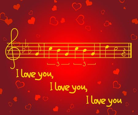 Romantic greeting card for Valentine's Day with heart shapes, music notes of the song "Michelle" and words I love you vector illustration.のイラスト素材