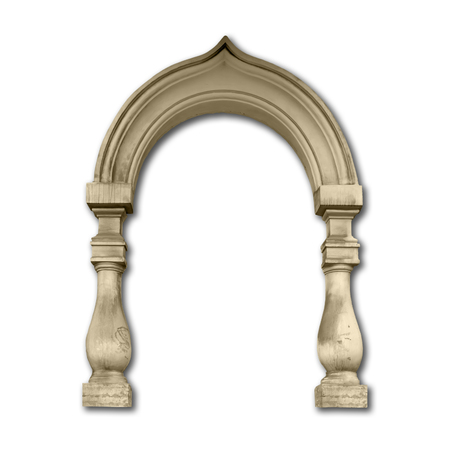 Old door frame, portico entrance with arabic arch and balusters with drop shadow isolated on whiteの写真素材