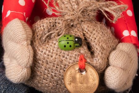 Hands of soft toy holding canvas bag with gifts, green lady bird and coin for luck on itの写真素材