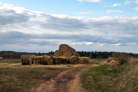 A pile of straw bales lying close to the sandy road against cloudy skyの写真素材