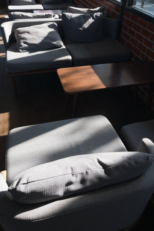 A stylish and cozy lounge area featuring modern gray sofas with plush cushions, bathed in soft natural sunlight.の写真素材