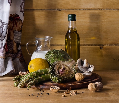 Assorted  artichoke asparagus mushroom and milk recipeの写真素材