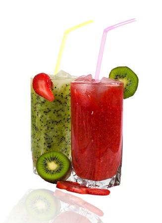 cocktail of fresh strawberries and kiwi isolated on white backgroundの写真素材