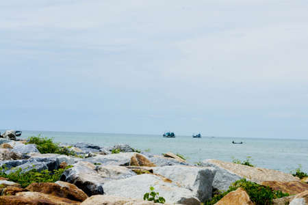 stone walkway paved , the seaの写真素材