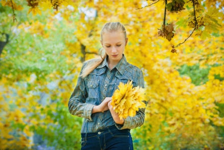 Young woman with autumn leaves in hands and fall yellow maple garden backgroundの写真素材